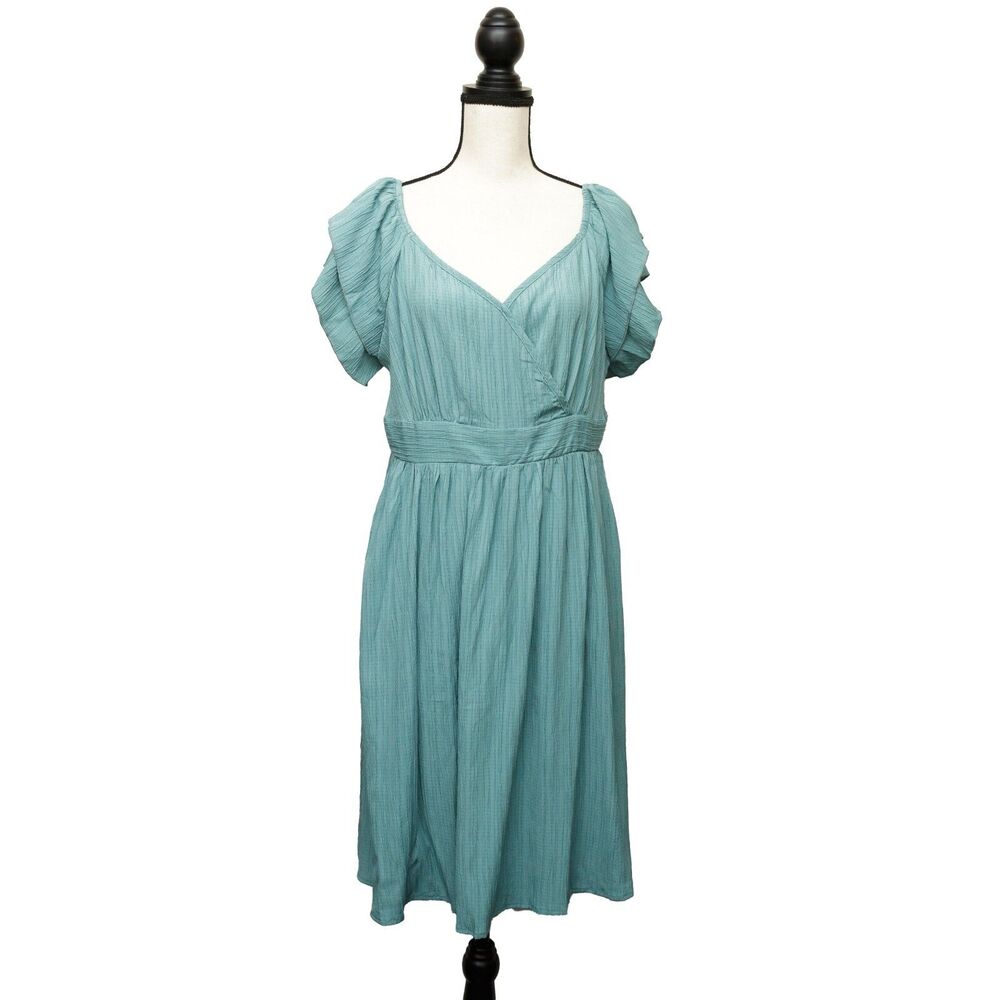 Bloomchic Ruffled Cap Sleeves V-Neck Mint Green Dress Sz 12/Large Gauze Texture